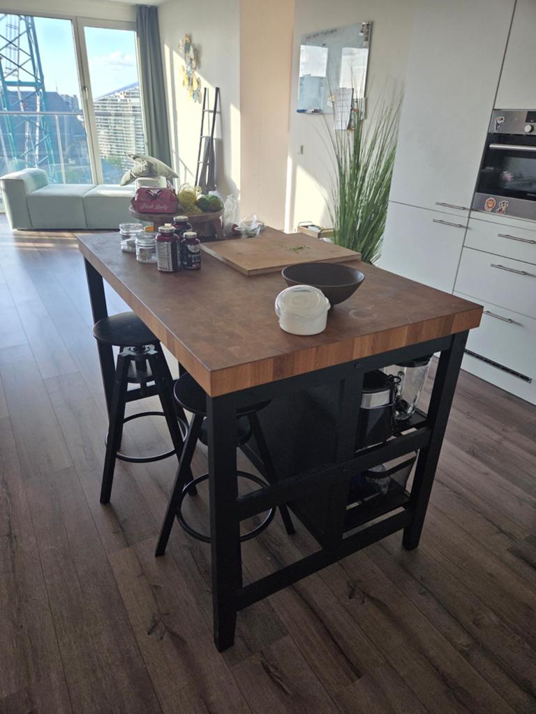 IKEA VADHOLMA Keukeneiland met 2 krukken - Zwart/Eiken, Hout, IKEA, Ophalen of Verzenden, Zwart