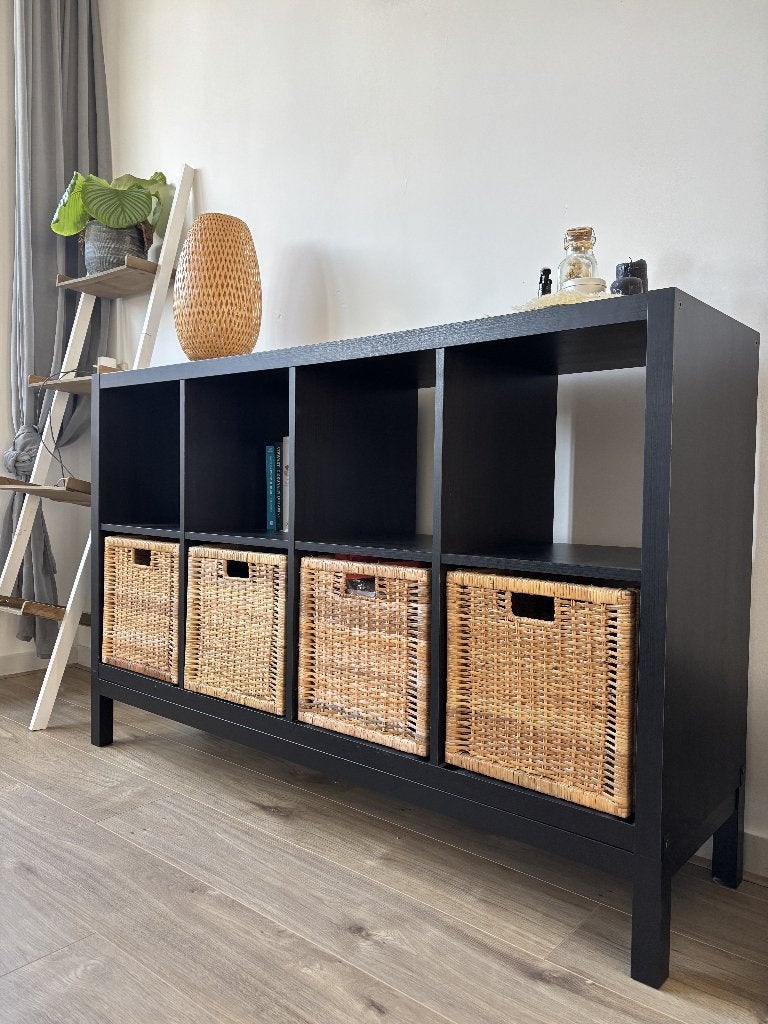 IKEA KALLAX 8-vaks kast + onderstel + 4 rieten manden, Ophalen, Gebruikt, 50 tot 100 cm, Minder dan 100 cm