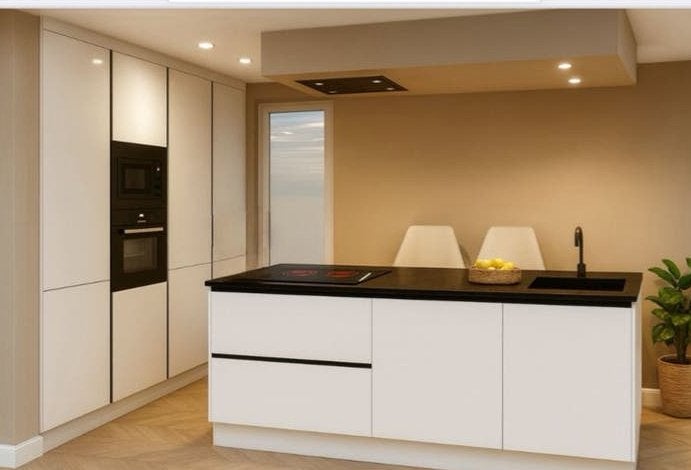 Moderne witte keuken met kookeiland, Ophalen, Gebruikt, Wit, Overige typen