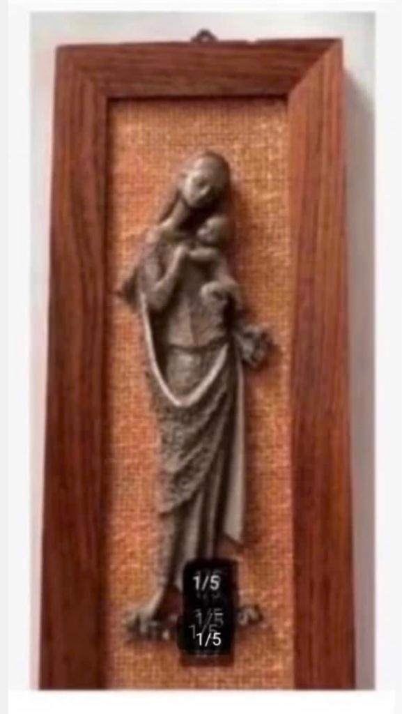 Antieke houten lijst tinnen voorstelling Maria kind, Antiek en Kunst, Antiek | Religie, Ophalen of Verzenden