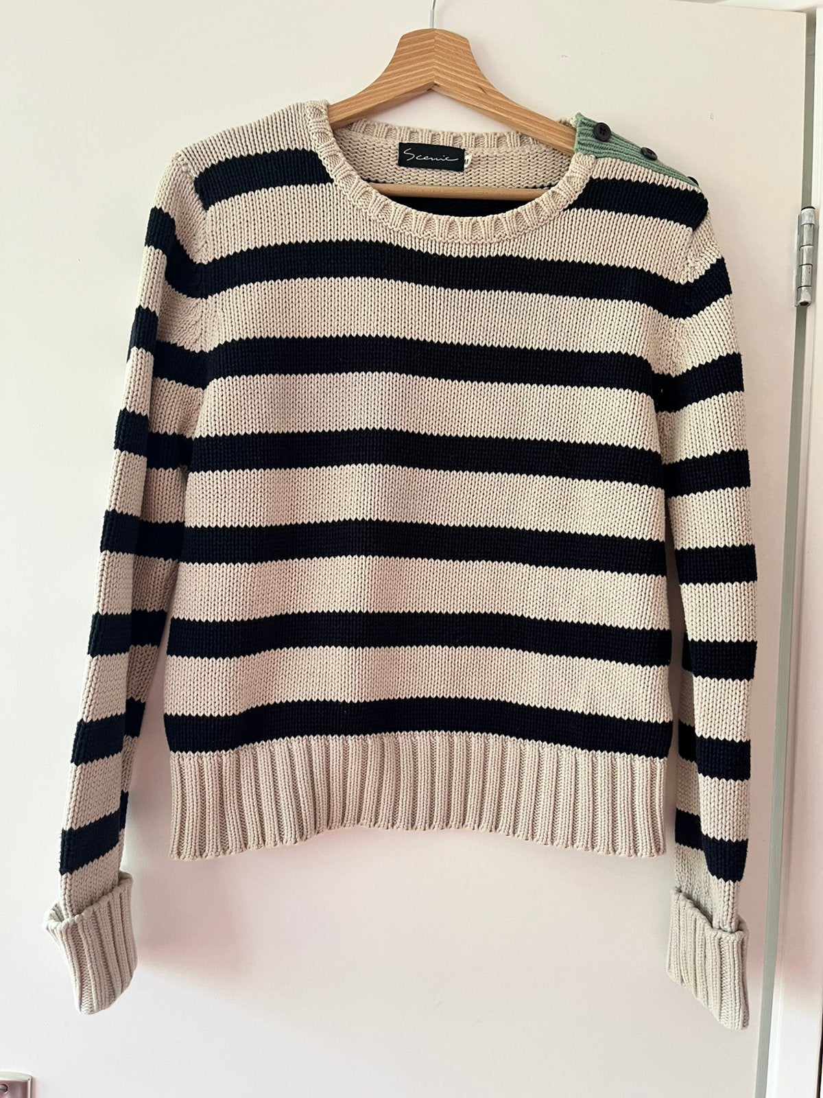 Marine Trui katoen blauw/beige Mt 38, Kleding | Dames, Truien en Vesten, Ophalen of Verzenden, Zo goed als nieuw, Maat 38/40 (M)