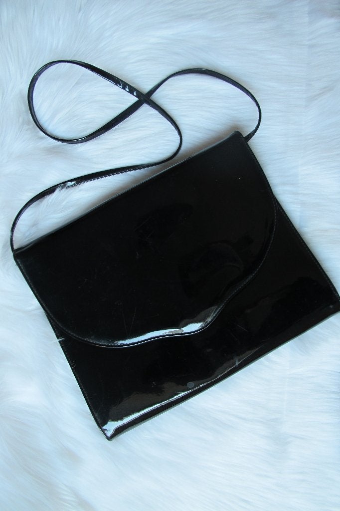Black patent leather clutch bag, Ophalen of Verzenden, Gebruikt, Zwart, Schoudertasje