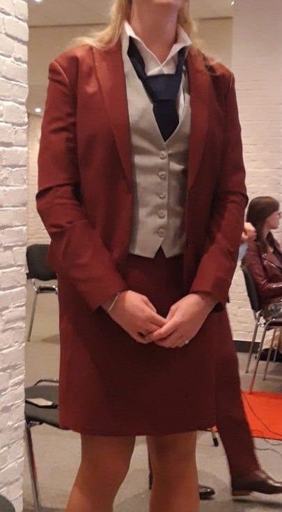 Damespak bordeauxrood met rok en broek, Kostuum of Pak, Gedragen, Rood, Ophalen