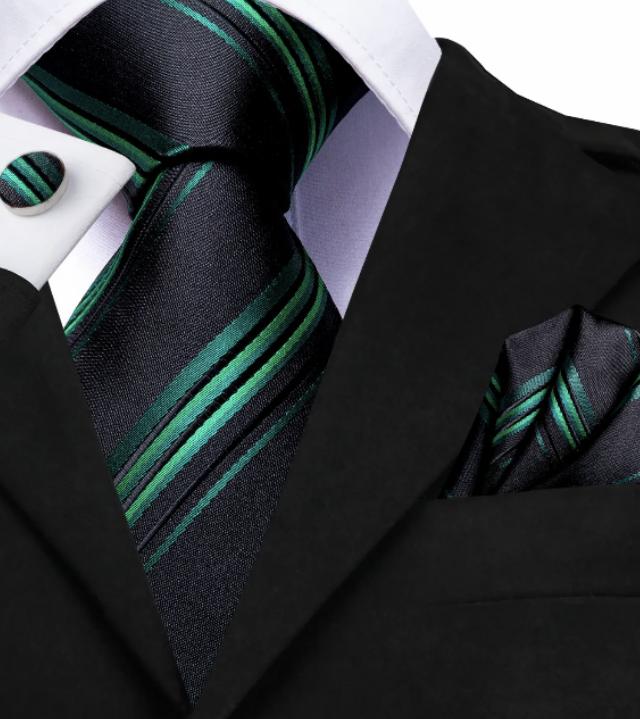 100% zijde Stropdas Pochet Manchetknopen Groen Zwart -NIEUW-, Kleding | Heren, Stropdassen, Ophalen of Verzenden, Nieuw, Groen