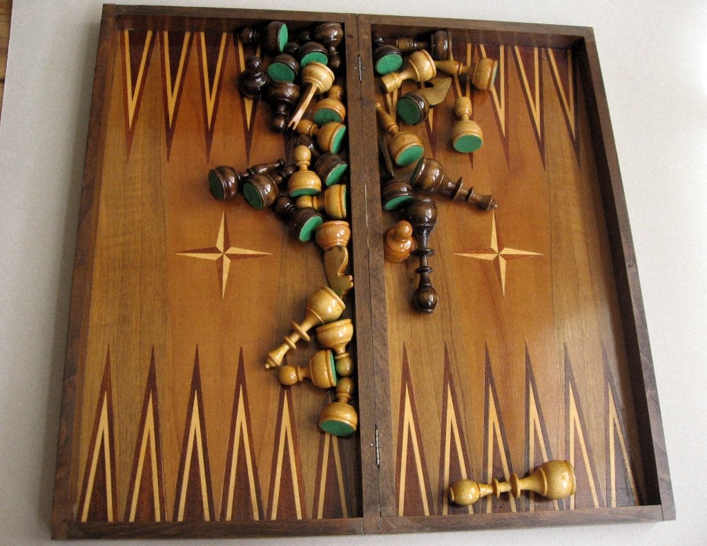 Handgemaakt schaakspel en backgammonbord jaren 70, Een of twee spelers, Ophalen of Verzenden, Zo goed als nieuw, APK G. Benkovski