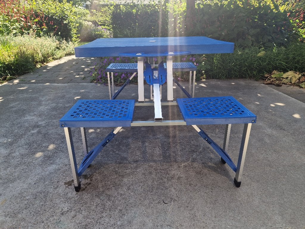 Picknicktafel aluminium 4 zitplaatsen inklapbaar blauw, Tuin en Terras, Picknicktafels, Ophalen, Aluminium, Zo goed als nieuw
