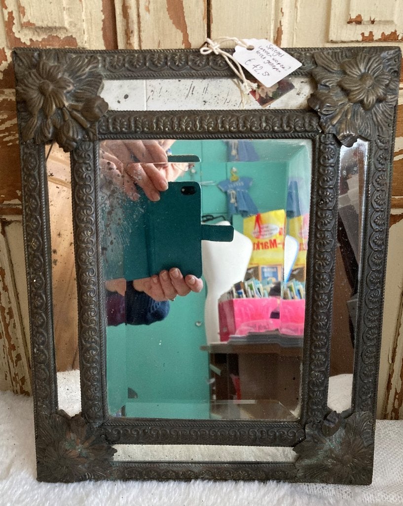 Brocante spiegel / Latoen koper / facet geslepen, Ophalen of Verzenden