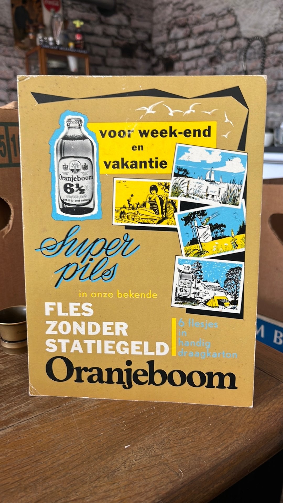 Kartonnen toonbank reclame “Super Pils van Oranjeboom”, Ophalen of Verzenden, Gebruikt, Reclamebord