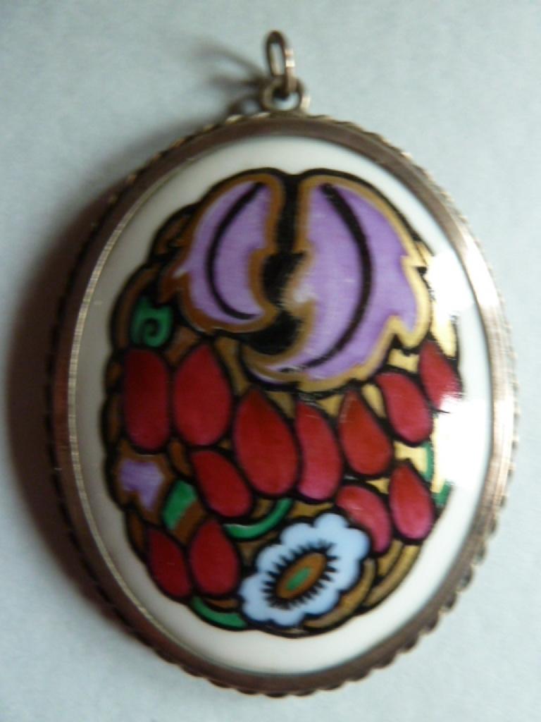 Antieke Jugendstil zilveren hanger m. beschilderd porselein, Verzenden, Zilver, Hanger