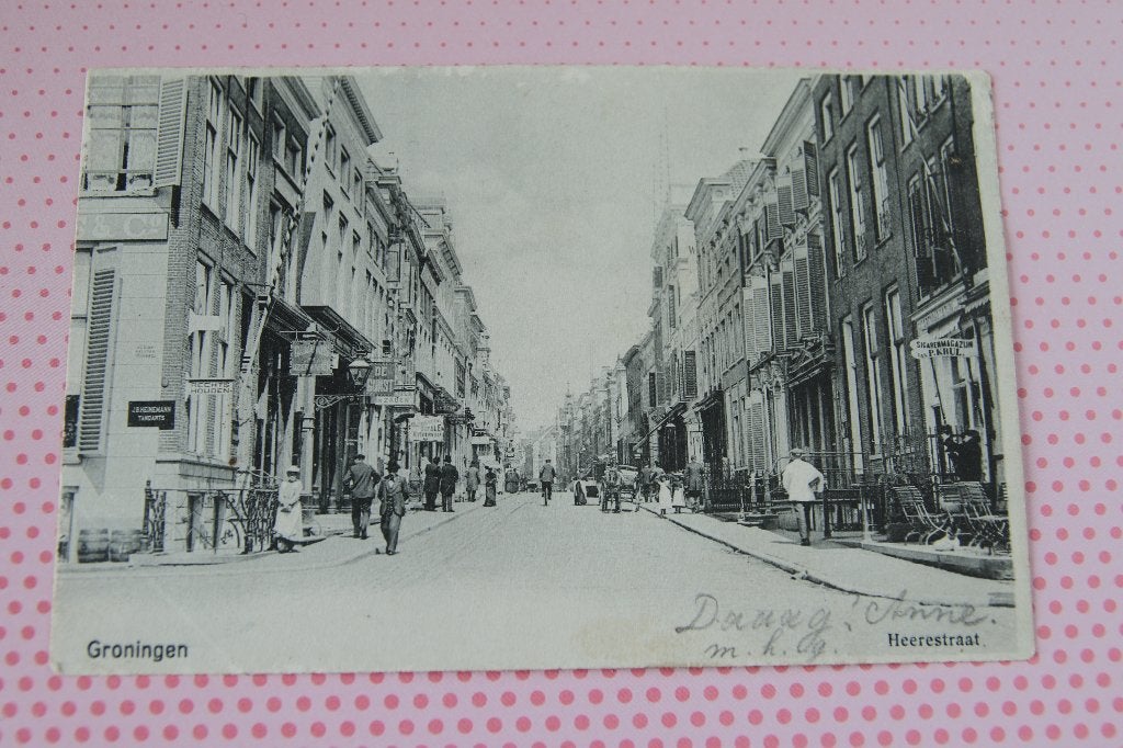 Oud kaartje van de Heerestraat in Groningen 1910, Ophalen of Verzenden, Voor 1920, Gelopen, Groningen