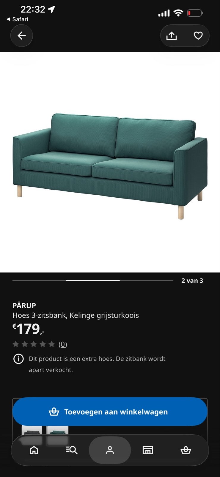 IKEA PÄRUP 3-zitsbank Vissle Donkergroen, Gebruikt, Driepersoons, 75 tot 100 cm, Ophalen of Verzenden