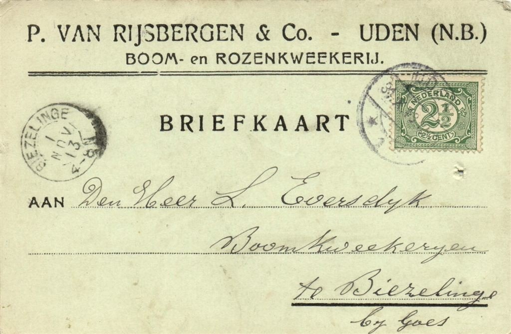 P. van Rijsbergen + Co., Uden [N.B.] - 11.1913 - briefkaart, Ophalen of Verzenden, Briefkaart