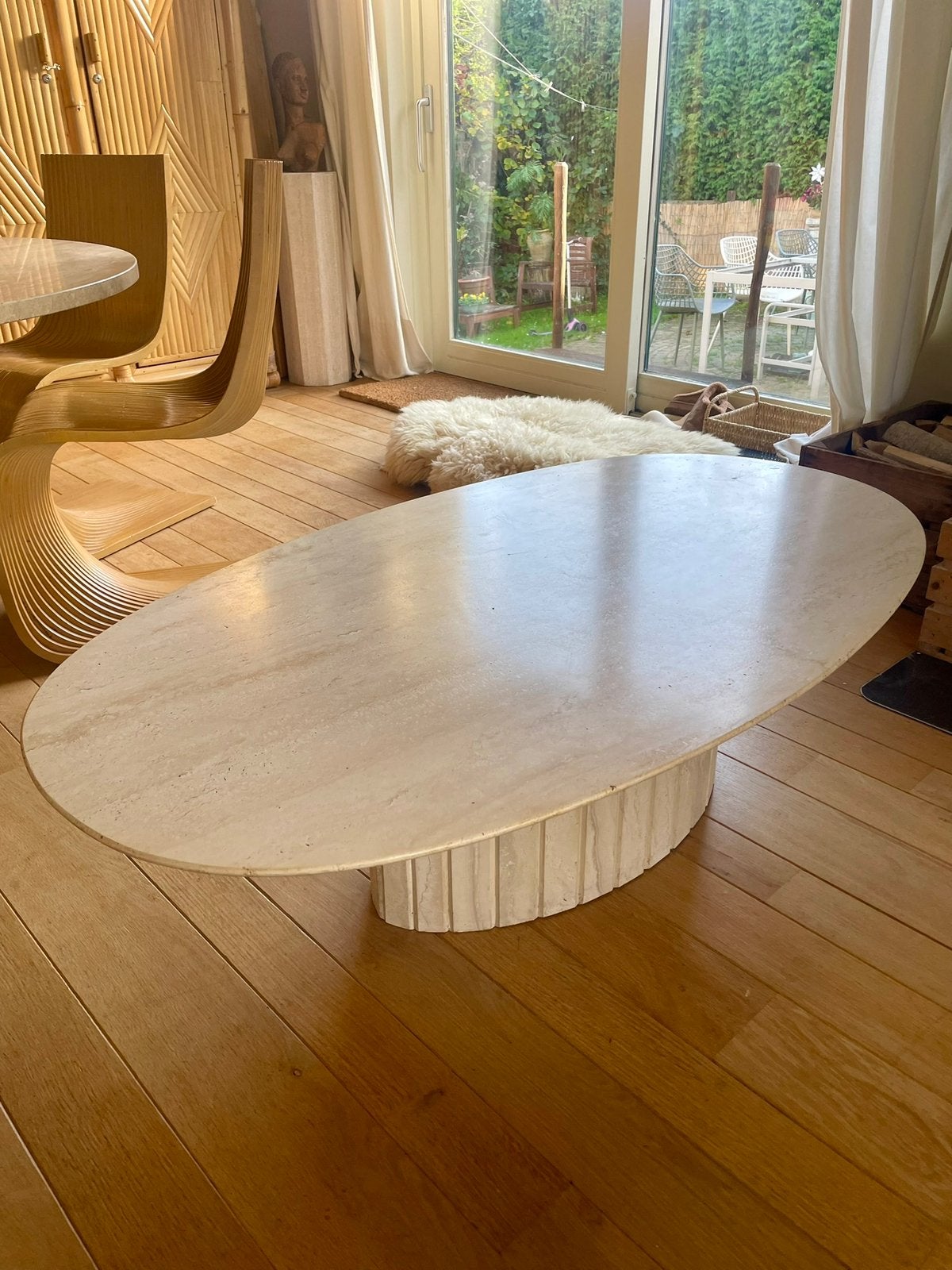 Prachtige travertin salontafel ovaal Italiaans design, Ophalen, Zo goed als nieuw, Ovaal, 50 tot 100 cm