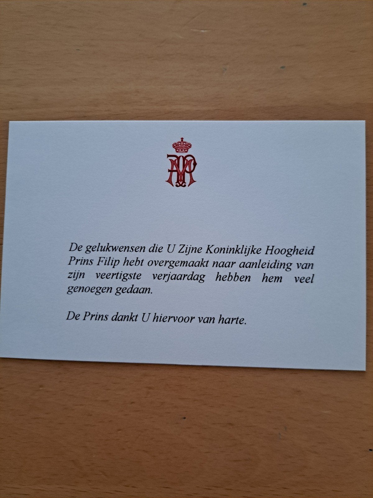 Bedankkaart Prins Philip v Belgie  40e verjaardag, Ophalen of Verzenden, Zo goed als nieuw, Buitenland, Kaart, Foto of Prent