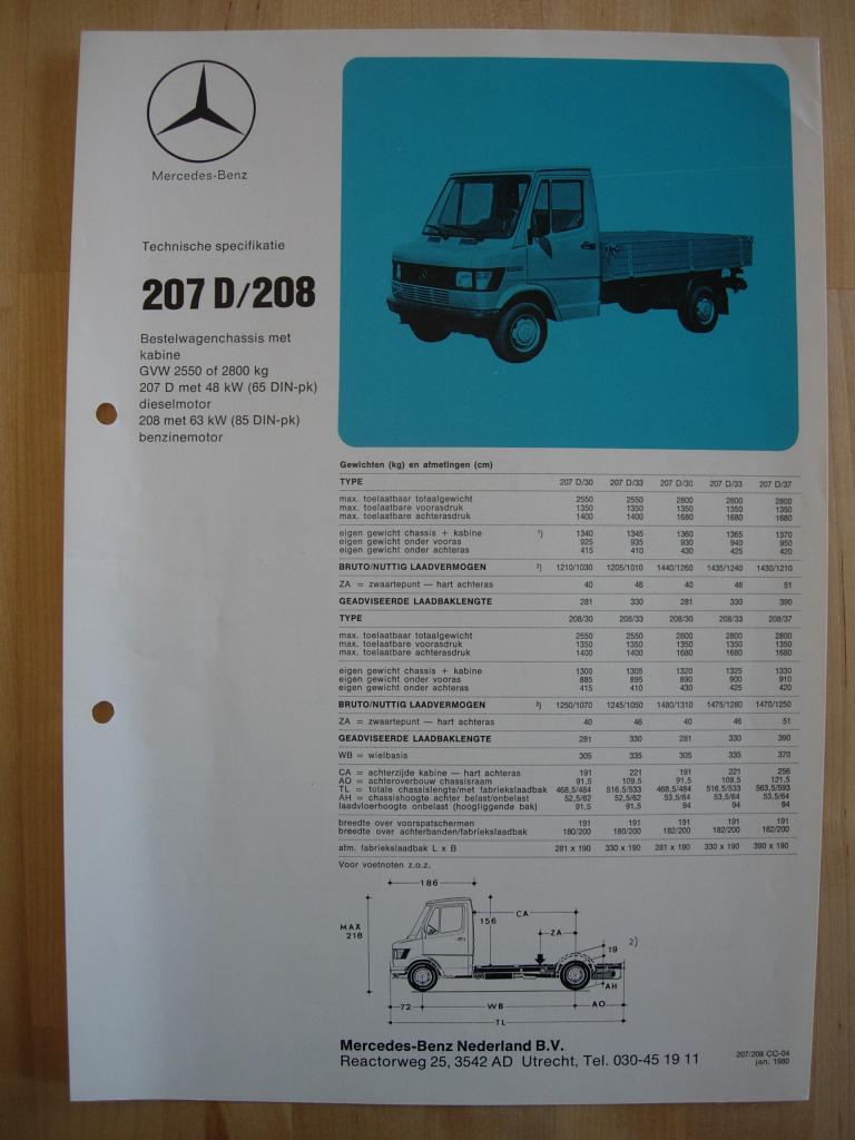 Mercedes 207 208 Tecnische Specificatie Brcohure 1980 207D, Zo goed als nieuw, Mercedes-Benz, Mercedes, Ophalen of Verzenden