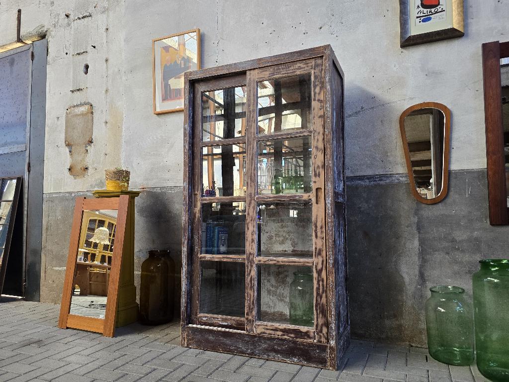 Vintage Teak Vitrinekast | Houten Vitrine Kast Antiek, 100 tot 150 cm, Glas, Ophalen of Verzenden, Vintage Antiek Landelijk Brocante