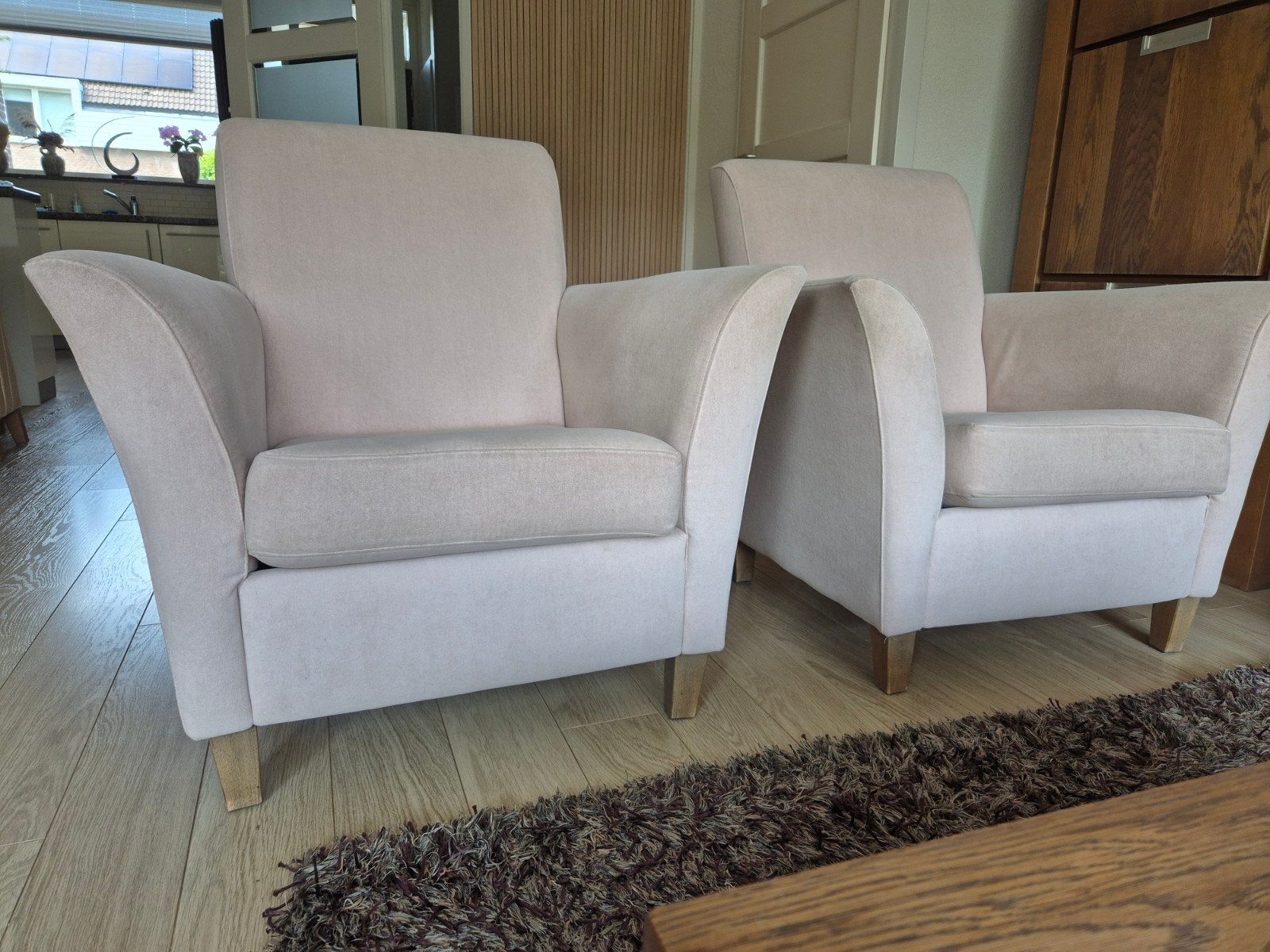 Set van 2 comfortabele fauteuils - Lichtbeige stof, Huis en Inrichting, Fauteuils, Ophalen, Modern, Comfortabel, Gebruikt, 75 tot 100 cm
