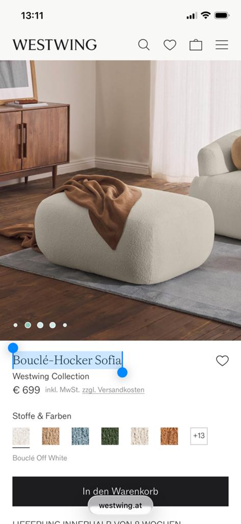 Westwing poef boucle hocker sofia, Ophalen, Nieuw, Rechthoekig, Stof