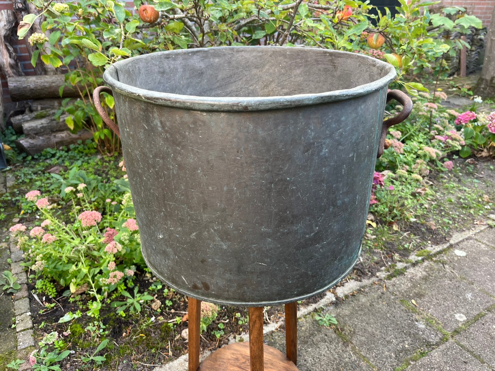 Grote antieke koperen ketel haardhoutbak 45 cm plantenbak, Ophalen of Verzenden, Koper