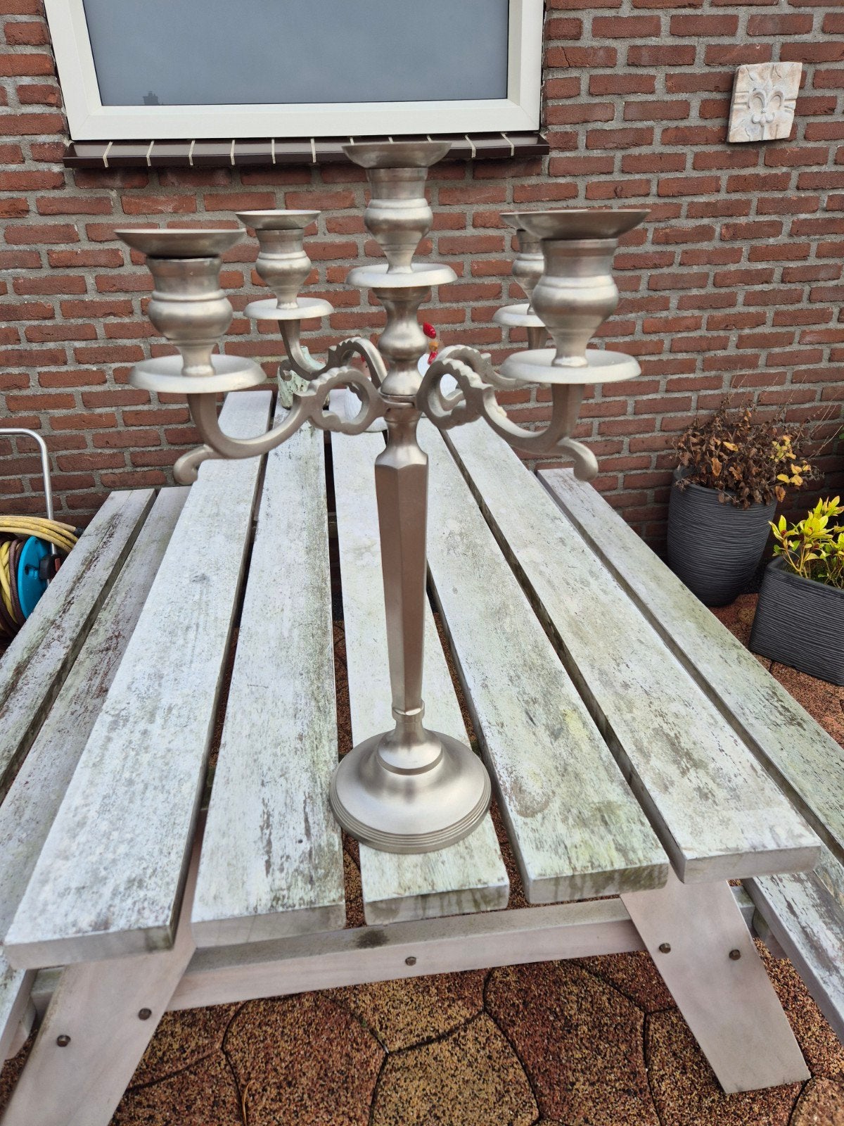 Elegante vijfarmige kandelaar - Zilverkleurig, Antiek en Kunst, Ophalen of Verzenden, Overige materialen