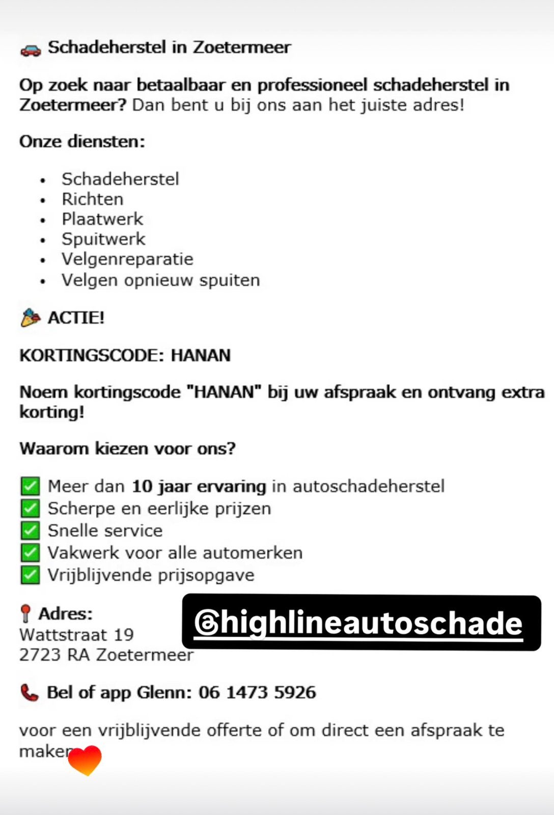Auto reparatie kortingcode Hanan1700, Eén persoon, Overige soorten, Overige typen