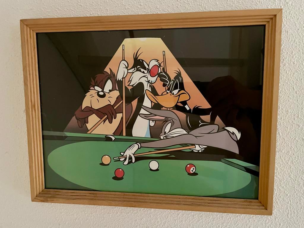 Looney Tunes Biljart Print - Bugs Bunny, Daffy, Sylvester, T, Huis en Inrichting, Ophalen of Verzenden, Gebruikt, Print