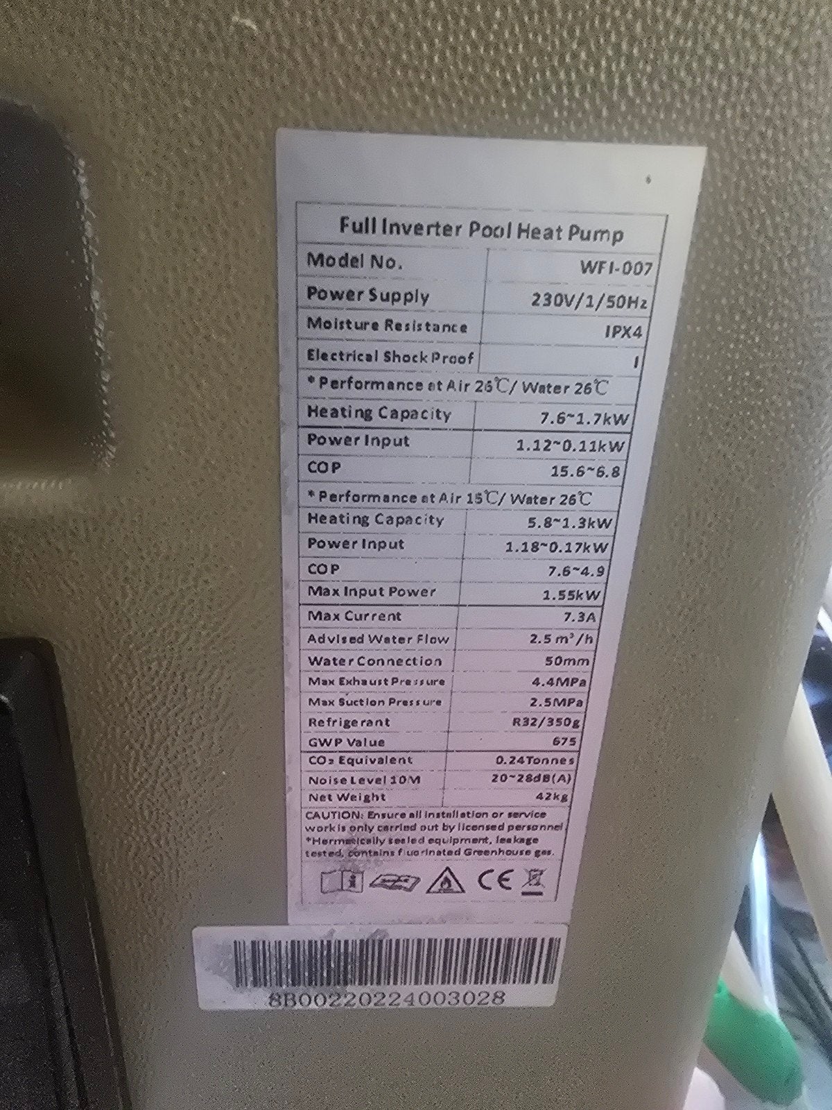 Inverter Warmtepomp voor Zwembadverwarming (17000L), Minder dan 80 cm, Overige typen, Ophalen of Verzenden, Rechthoekig