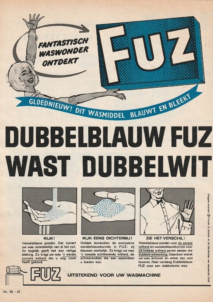 Retro reclame 1963 Fuz wasmiddel dat wast blauwt en bleekt, Verzenden, Overige typen