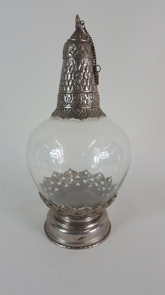 Antieke vintage glazen fles, metaal of tin beslag en dop. S5, Ophalen of Verzenden