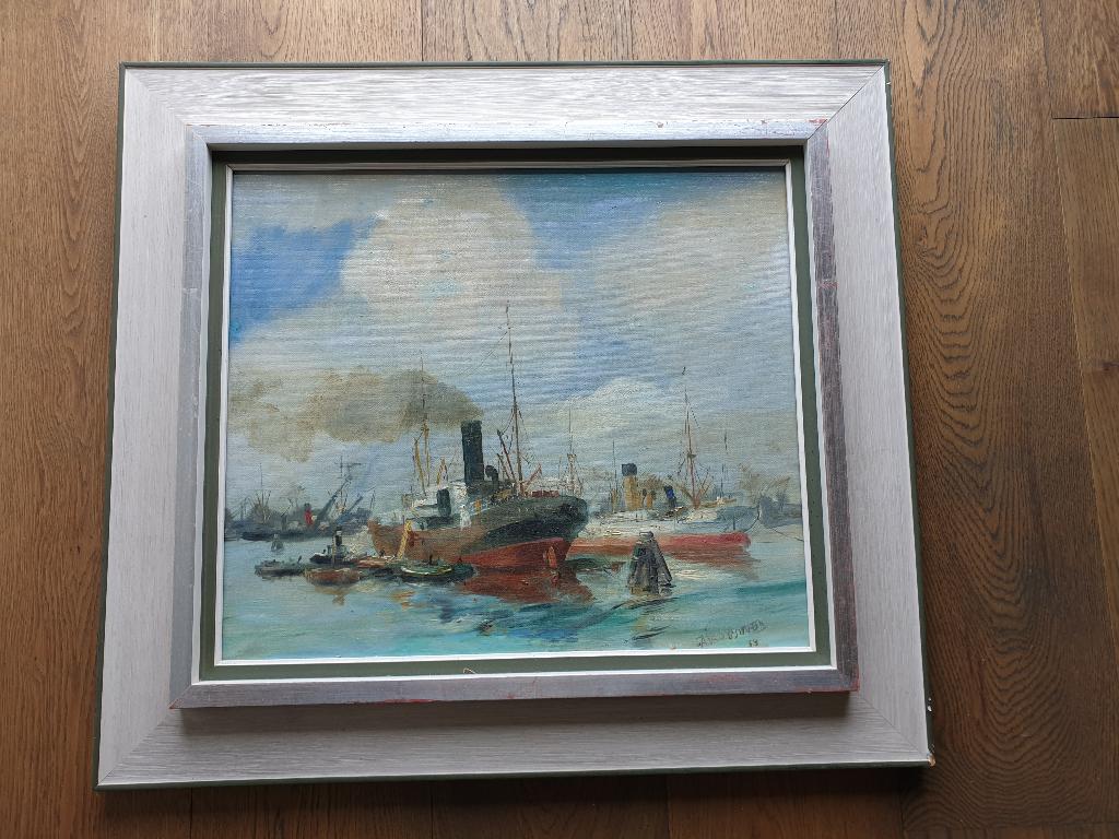 Havengezicht Rotterdam-Olieverf op canvas F. van Oostveen, Antiek en Kunst, Kunst | Schilderijen | Klassiek, Ophalen of Verzenden