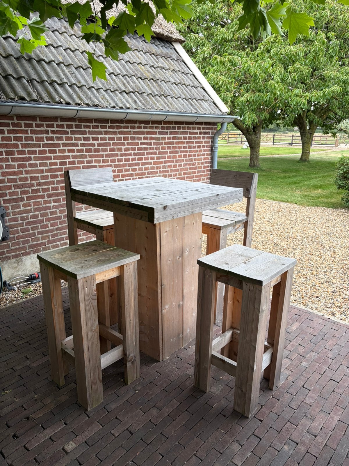 Tuinbar incl 4 barstoelen, Ophalen, Zo goed als nieuw, Rechthoekig, Hout
