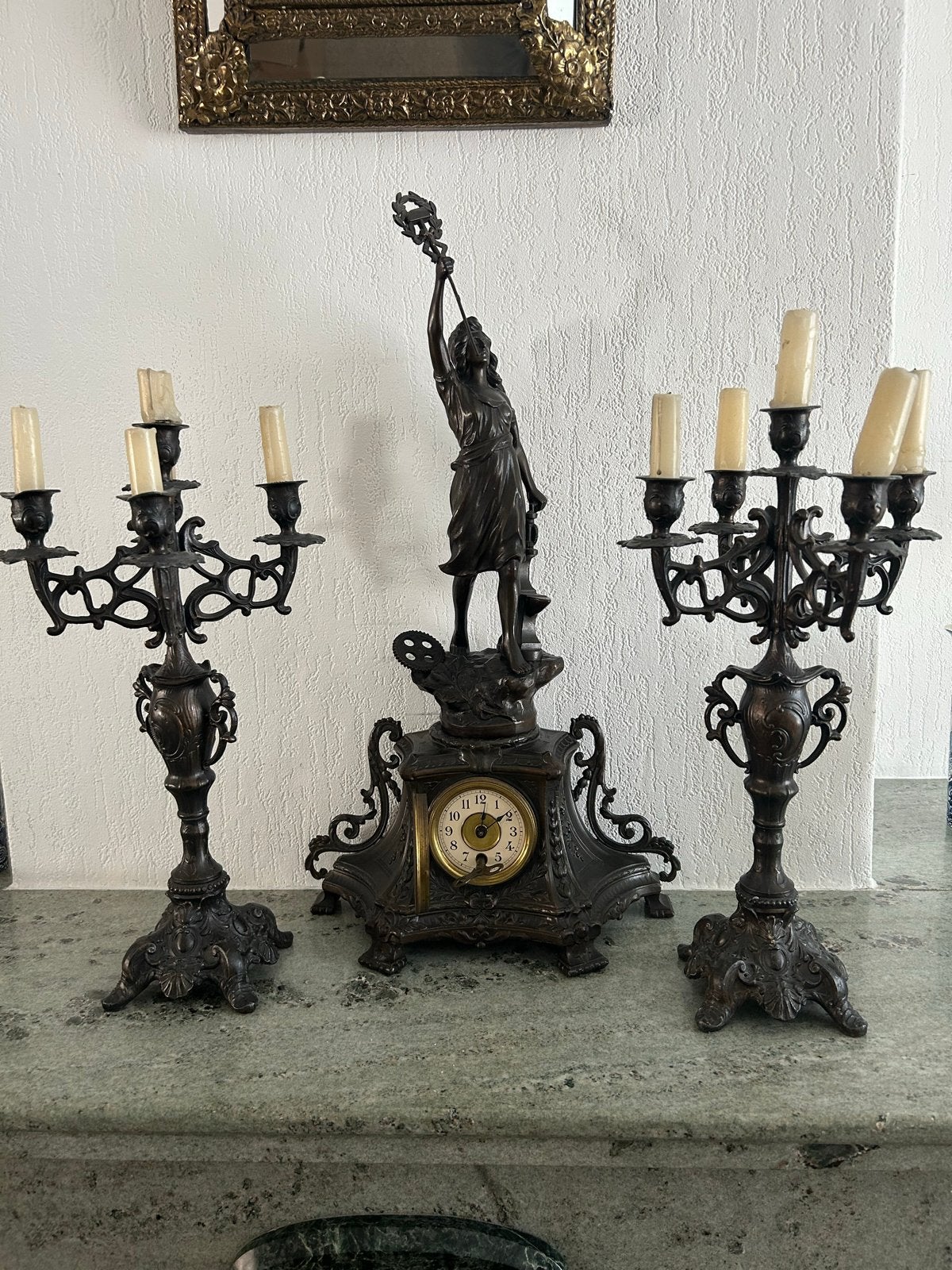 Antieke Bronzen Klok met Kandelaars - Art Nouveau Stijl, Antiek en Kunst, Ophalen of Verzenden
