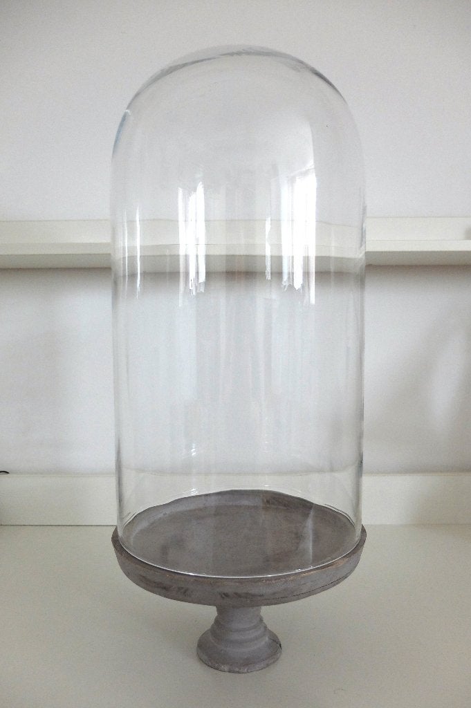 Prachtige Grote Glazen Stolp op houten voet, 45 cm hoog, Ophalen, Gebruikt, Met voet, Onbekend
