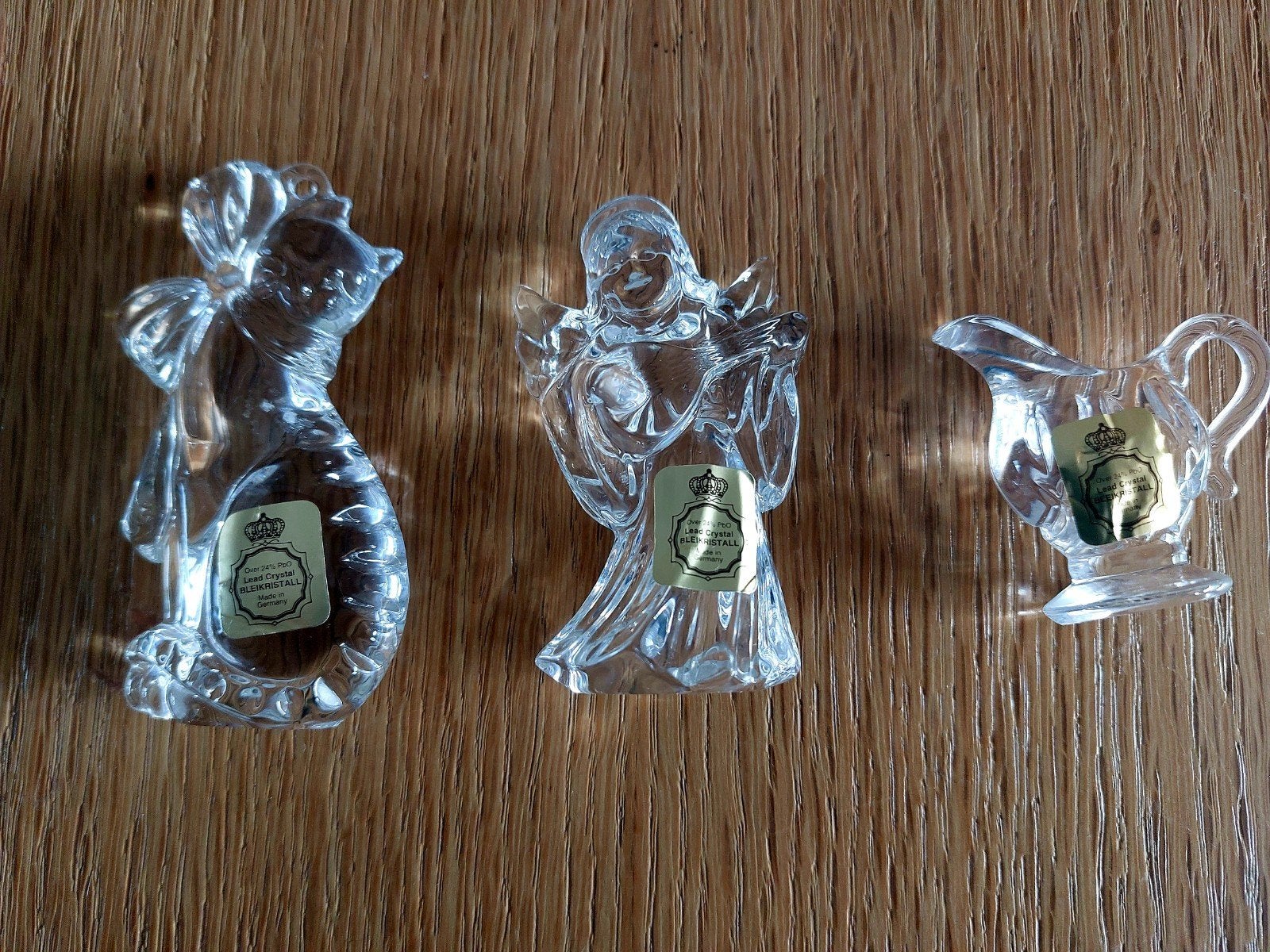 Set van 3 kristallen beeldjes: engel, kat en melkkannetje, Antiek en Kunst, Ophalen of Verzenden