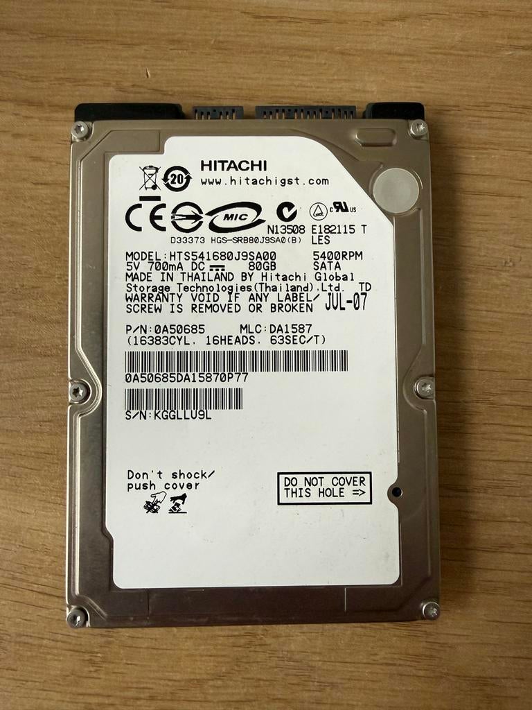 Hitachi 80GB 2.5" Laptop Harde Schijf 5400rpm SATA, Computers en Software, Harde schijven, Intern, Gebruikt, Ophalen of Verzenden