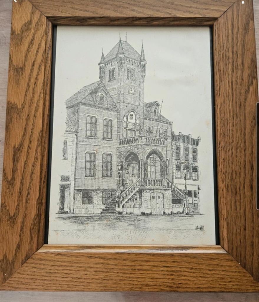 Tekening Oud Stadhuis Sittard 1966, Antiek en Kunst, Ophalen of Verzenden