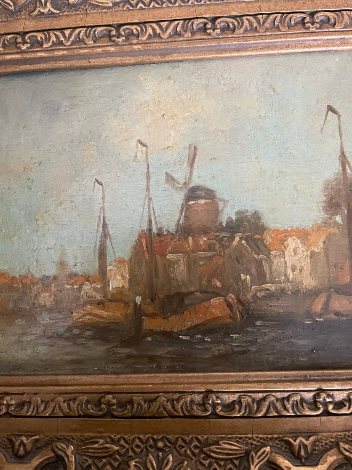 Prachtig antiek Hollands havengezicht (olieverf) fraai lijst, Ophalen of Verzenden