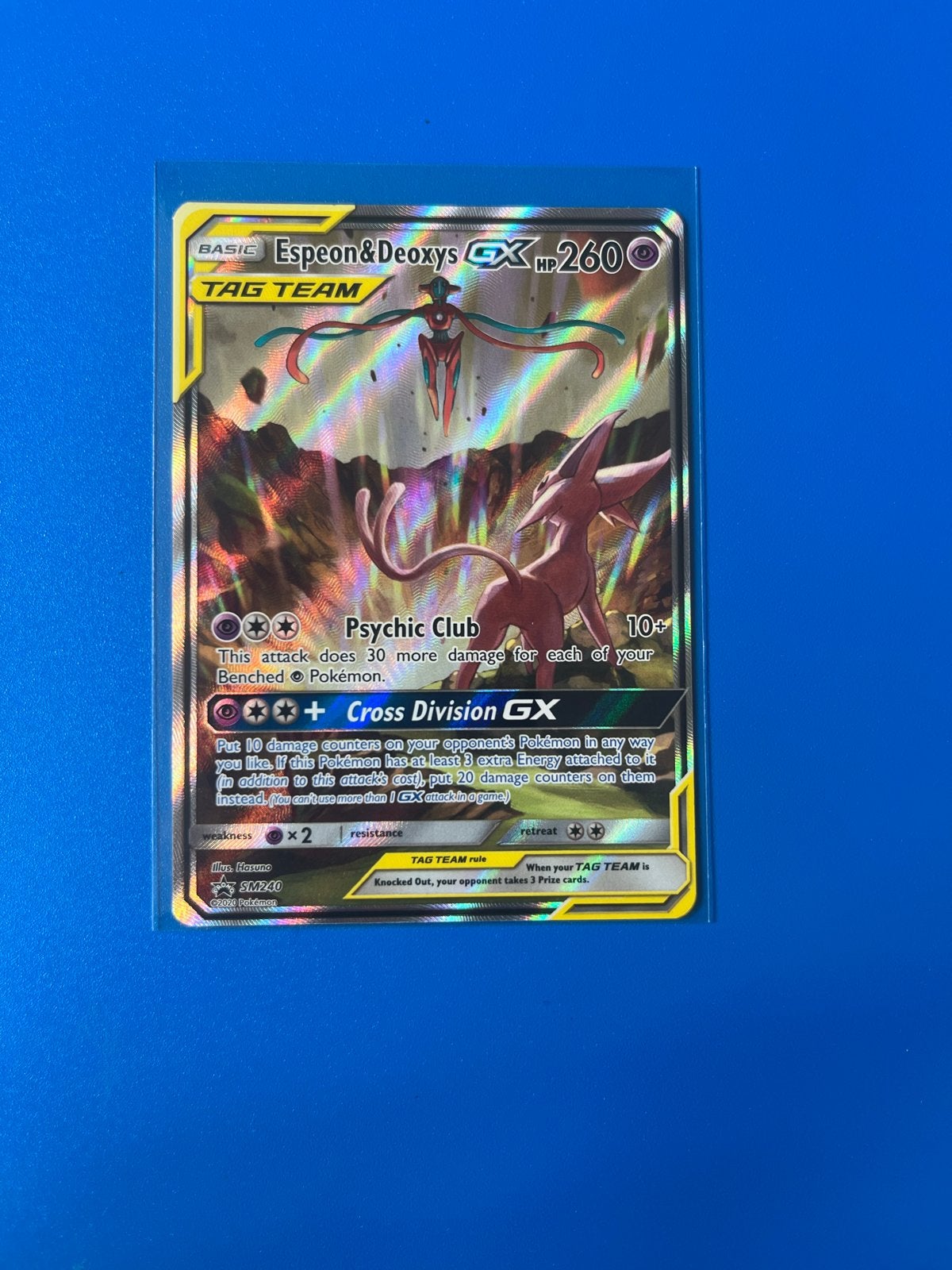 Espeon & Deoxys GX TAG TEAM Pokémon Kaart, Ophalen of Verzenden, Zo goed als nieuw, Losse kaart, Foil