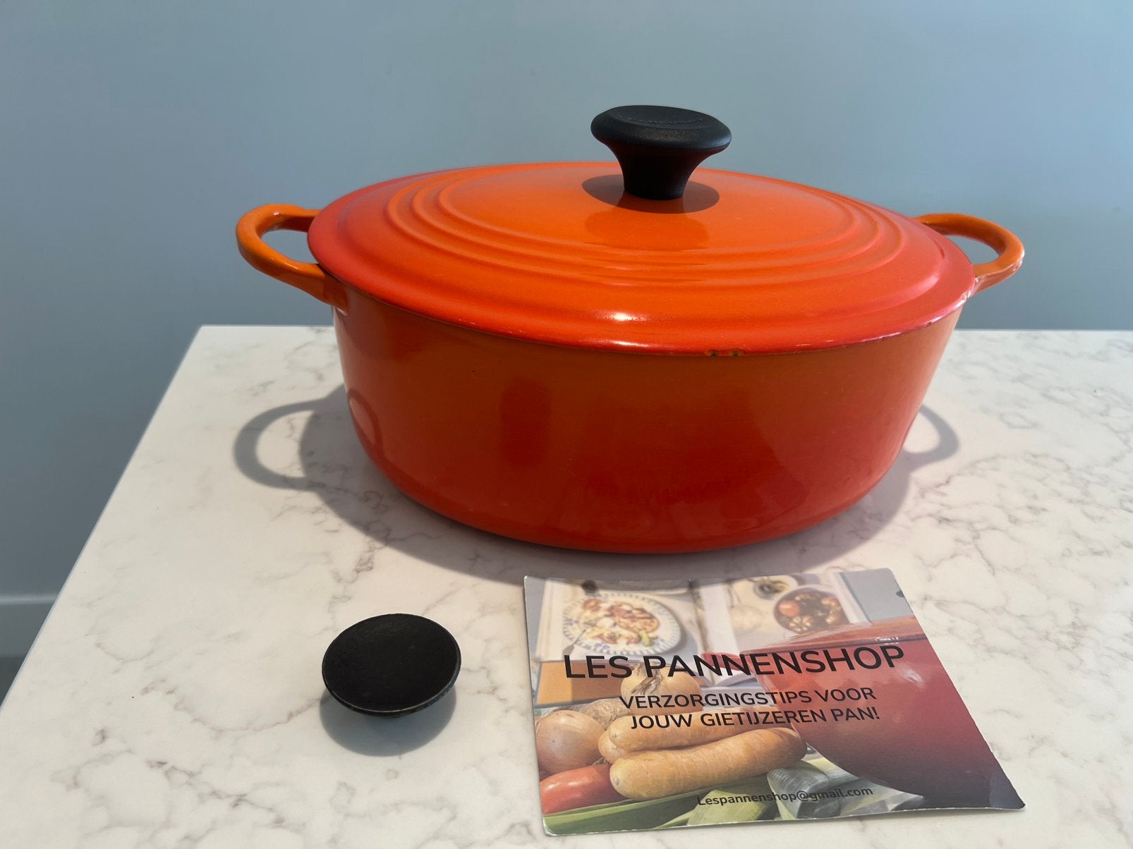 Vintage Le Creuset braadpan 28 cm ovaal, harmonic Orange, Gebruikt, Met handvatten, Le Creuset, Ophalen of Verzenden