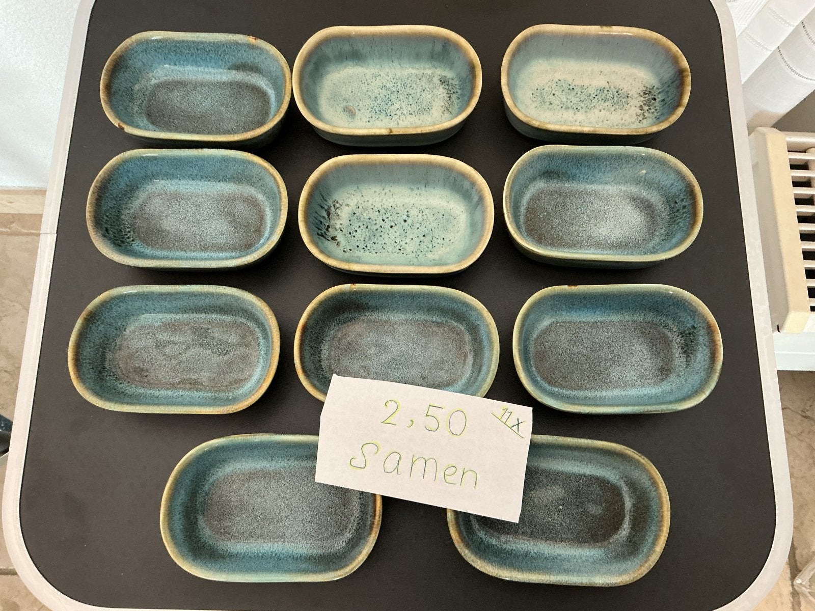 Set van 11 ovale schaaltjes, blauw/groen geglazuurd 2;50, Gebruikt, Porselein of Keramiek, Schaal, Ophalen of Verzenden