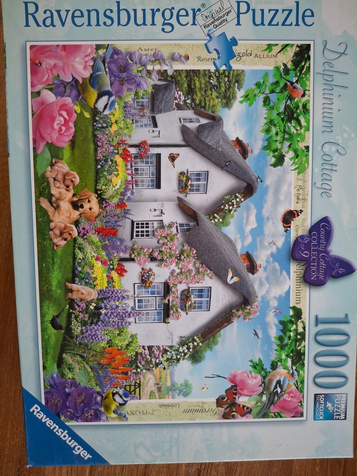 Ravensburger Legpuzzel Delphinium Cottage 1000 stukjes, Ophalen of Verzenden, 500 t/m 1500 stukjes, Zo goed als nieuw, Legpuzzel