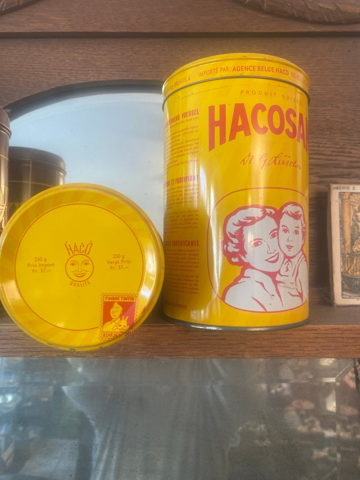 Vintage Haco en Hacosa blikken met Kuifje zegel, Ophalen of Verzenden, Gebruikt