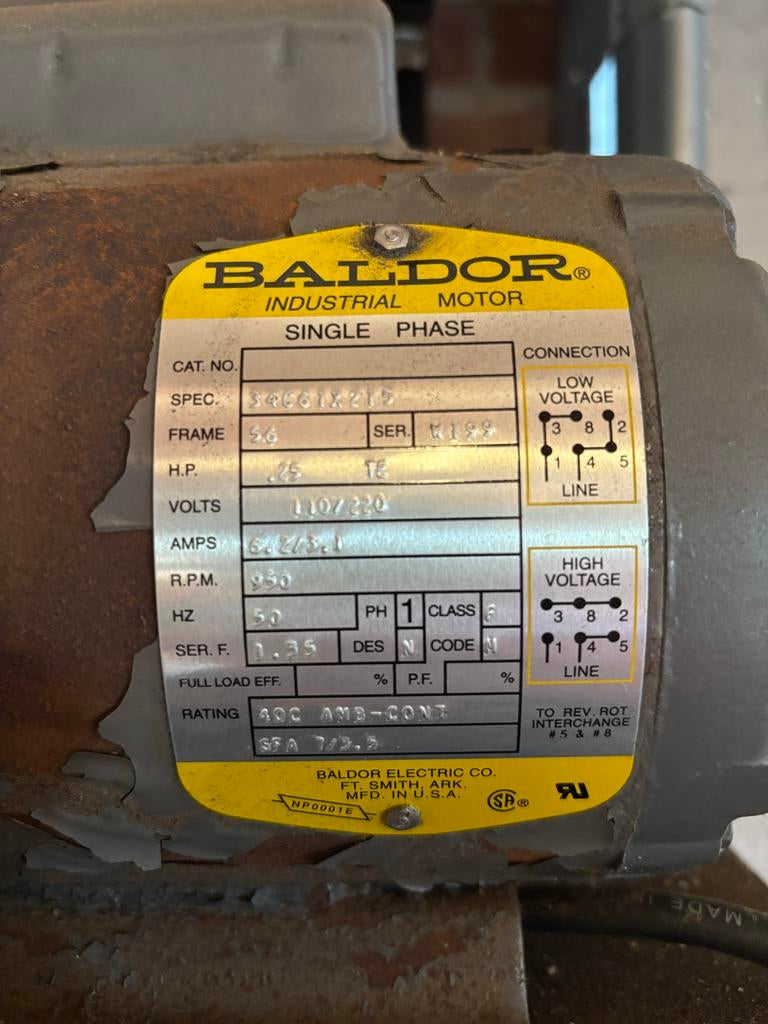 Baldor Elektromotor 1 fase, 950 toeren, as 16mm, Doe-het-zelf en Verbouw, Motoren, Ophalen of Verzenden, Gebruikt, Elektromotor