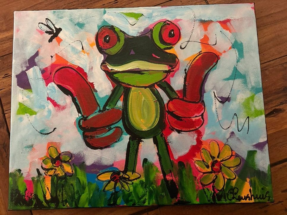 Vrolijke Kikker Schilderij van C.M. Leushuis (40x50 cm), Ophalen, Acrylverf, Dieren, Echtheidscertificaat