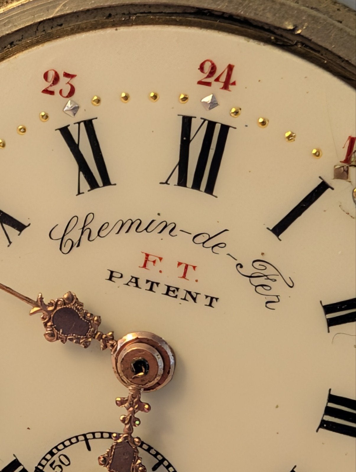 Antiek Zakhorloge "Chemin-de-Fer" met 24-uurs wijzerplaat, Overige merken, Zakhorloge, Ophalen of Verzenden, Voor 1900