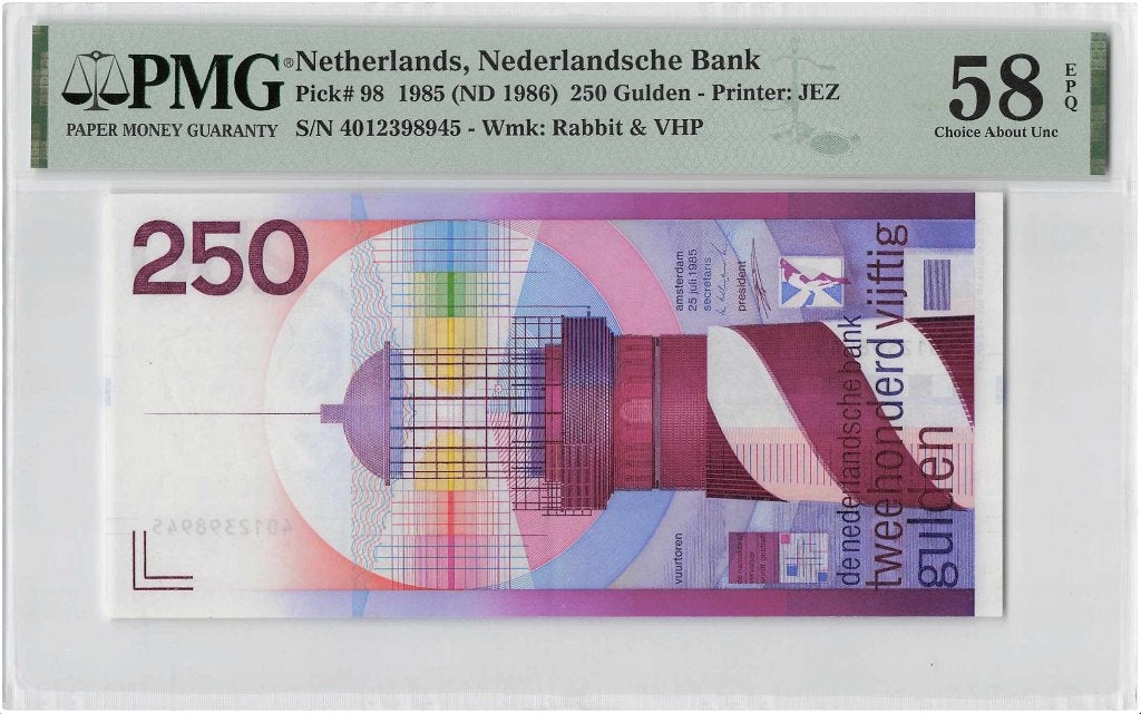 Heel mooi biljet 250 gulden Vuurtoren, 1985 | PMG 58 EPQ, Postzegels en Munten, Bankbiljetten | Nederland, Ophalen of Verzenden
