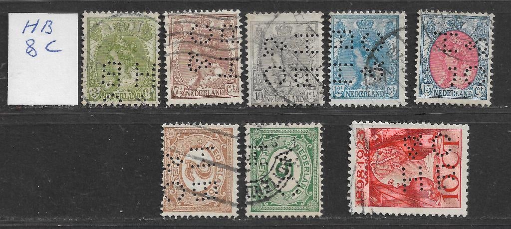 Perfins Nederland  - - -   8  zegels met Perfin  HB / &C, Postzegels en Munten, Postzegels | Nederland, Verzenden, T/m 1940, Gestempeld