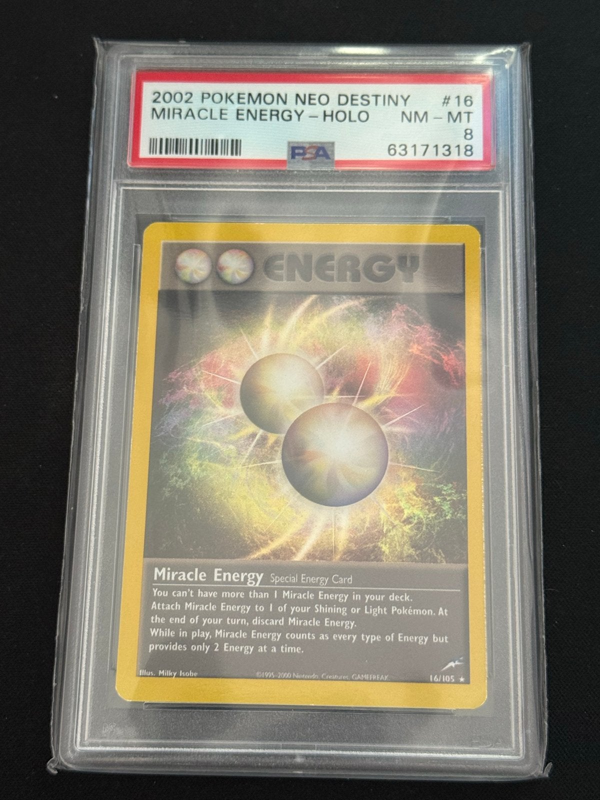 2002 Pokémon Neo Destiny Miracle Energy Holo PSA 8, Ophalen of Verzenden, Zo goed als nieuw, Losse kaart, Foil