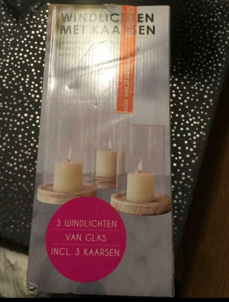 Blokker set van 3 kandelaars glas hout nieuw, Verzenden, Overige merken, Nieuw, Glas