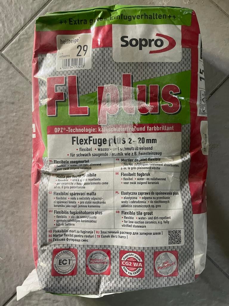 Sopro FlexFuge Plus Voegmiddel 15 kg - Licht Beige (2-20mm), Doe-het-zelf en Verbouw, Tegels, Nieuw, Overige typen, Overige materialen